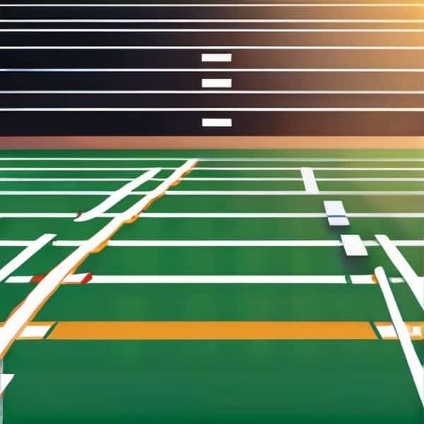 Football field with yard lines and goalposts at sunset, vibrant colors and perspective view.