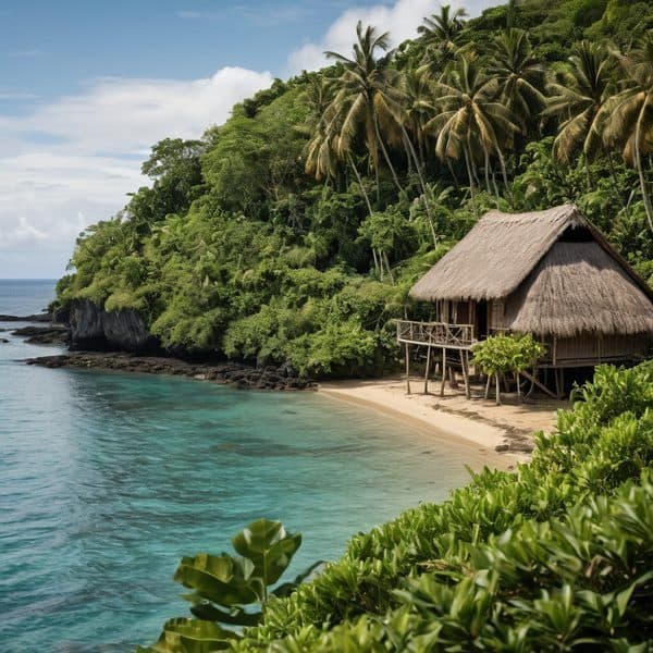 Overwater bungalow on a tropical beach with lush greenery and clear turquoise water.