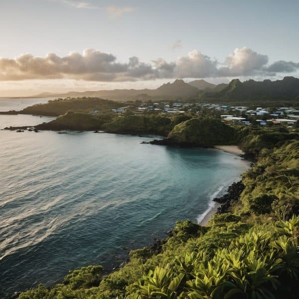Beautiful coastal landscape in Fiji with lush greenery and calm waters at sunset.