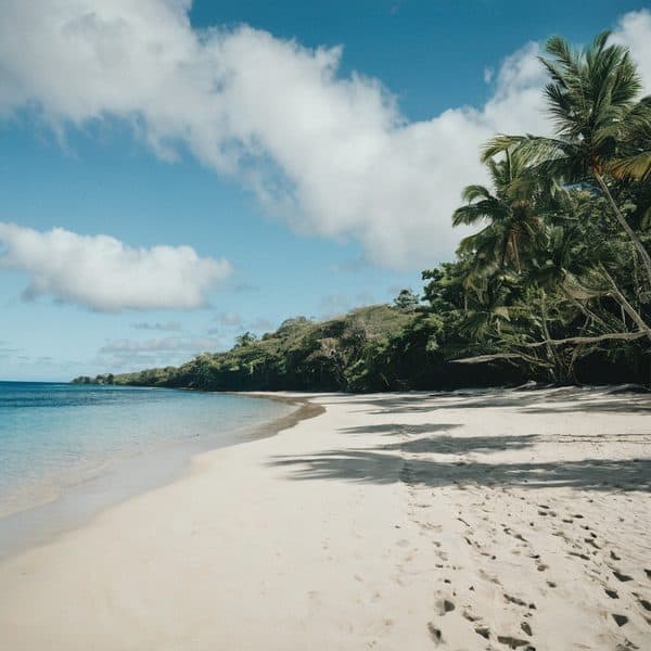 Beautiful tropical beach in Fiji with white sand and palm trees.