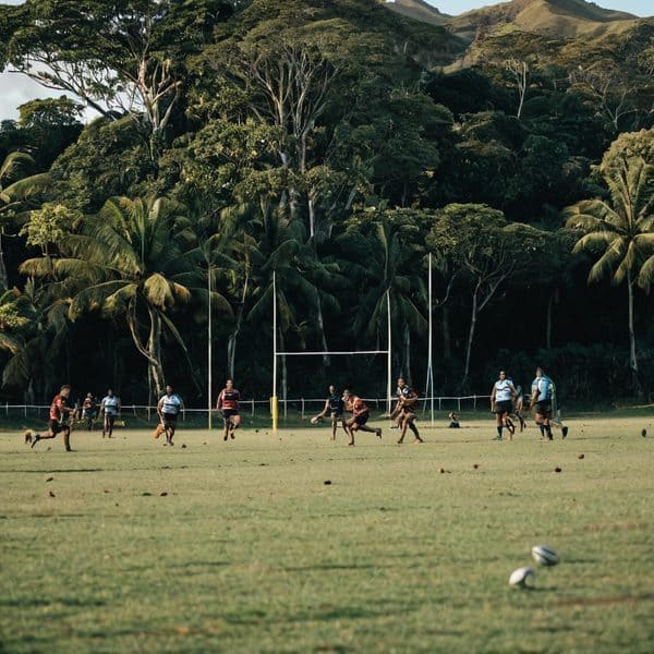 Rugby game played on a green field with tropical trees in Fiji.