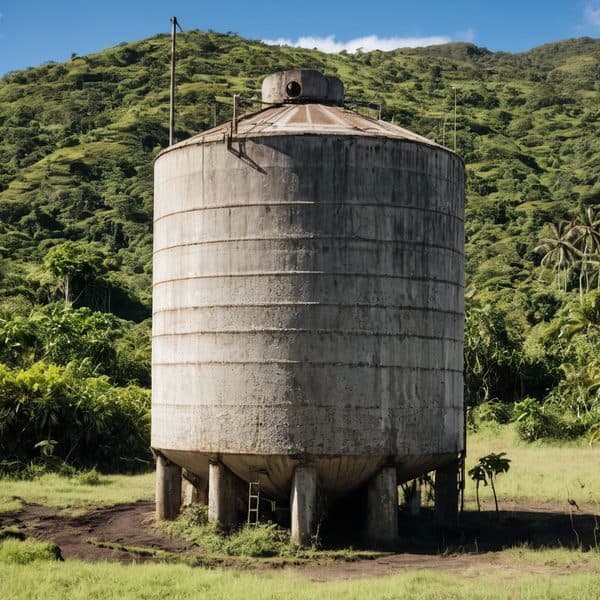 Rural water storage tank in Fiji with lush green hills background.