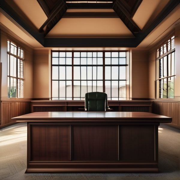 Office interior with large windows and wooden furniture.