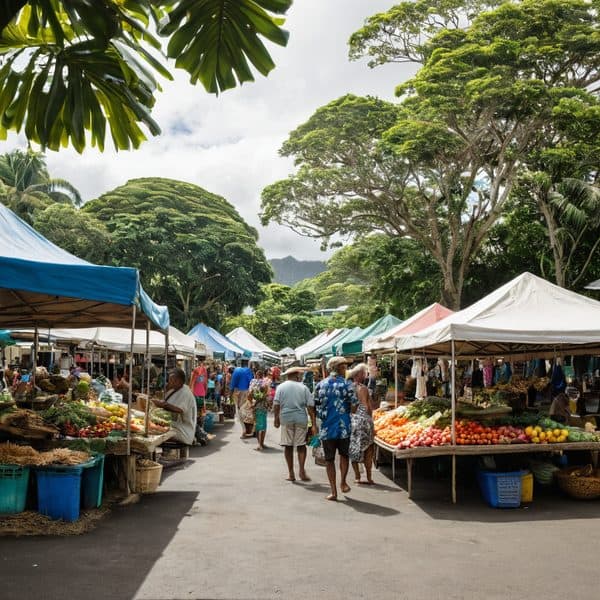 Fiji market scene with colorful tents, local fruits, vegetables, and shoppers in a lush tropical set.