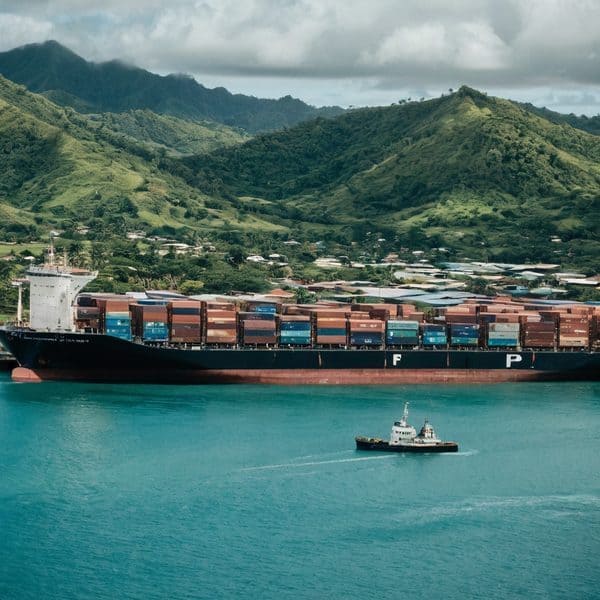 Cargo ship with containers sailing in Fijian harbor.