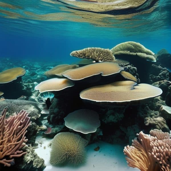 Coral reef with diverse marine life in vibrant underwater ecosystem.