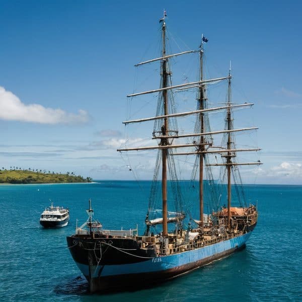 Ship sailing in vibrant blue ocean waters with a lush green island in the background.