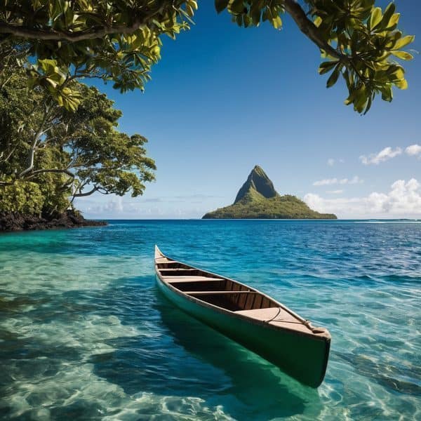 Scenic tropical island with canoe, lush trees, and mountain in the background.