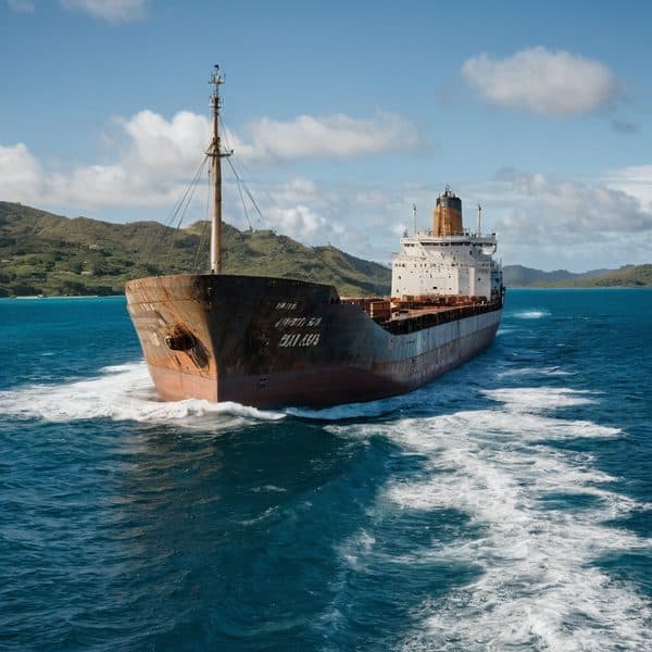 Cargo ship sailing in clear blue waters near lush green islands.