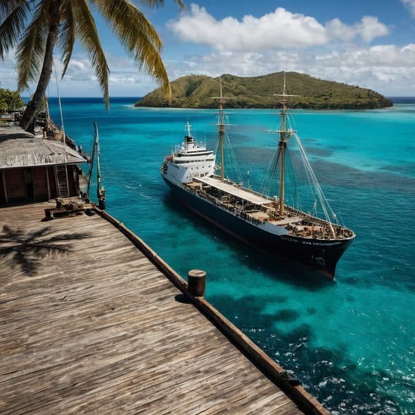 Luxury yacht anchored in turquoise Fijian waters with lush island backdrop.