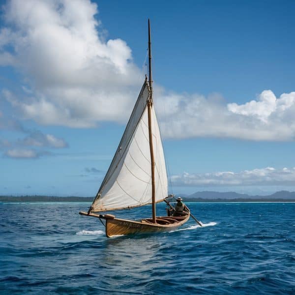 Sailing boat with white sails on clear blue ocean waters in Fiji.