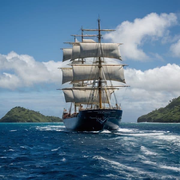 Sailing ship with tall masts and billowing sails on the ocean, surrounded by tropical islands.
