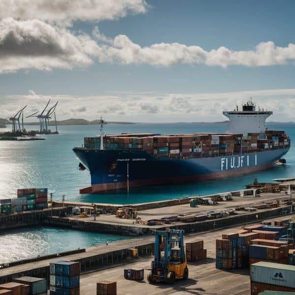 Cargo ship docked at Fiji port with containers and cranes.