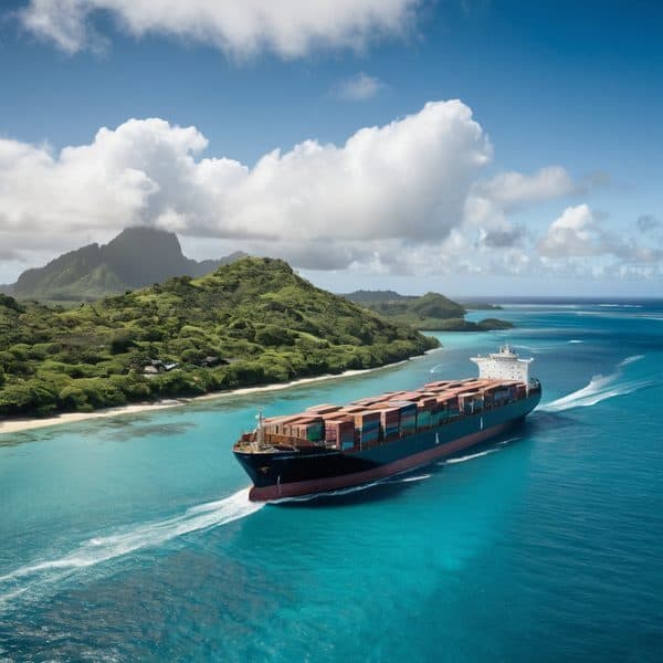 Cargo ship sailing near lush green Fiji islands with mountainous backdrop.