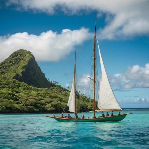 Sailboat with white sails on turquoise waters near green island coast.