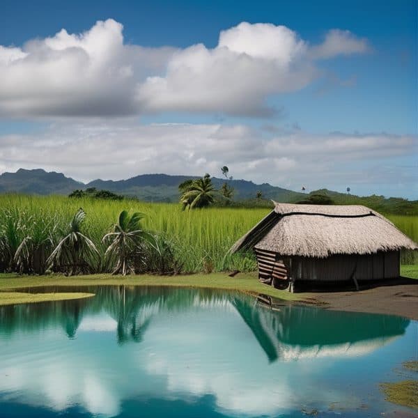 Rural Fijian landscape featuring a traditional hut, lush green fields, and a calm water body reflect.